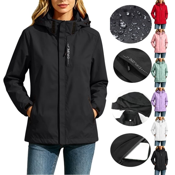 Fengactive Womens Waterproof Windbreaker Jacket Hooded Outdoor Coat Detachable Hood Lightweight Rain Shell