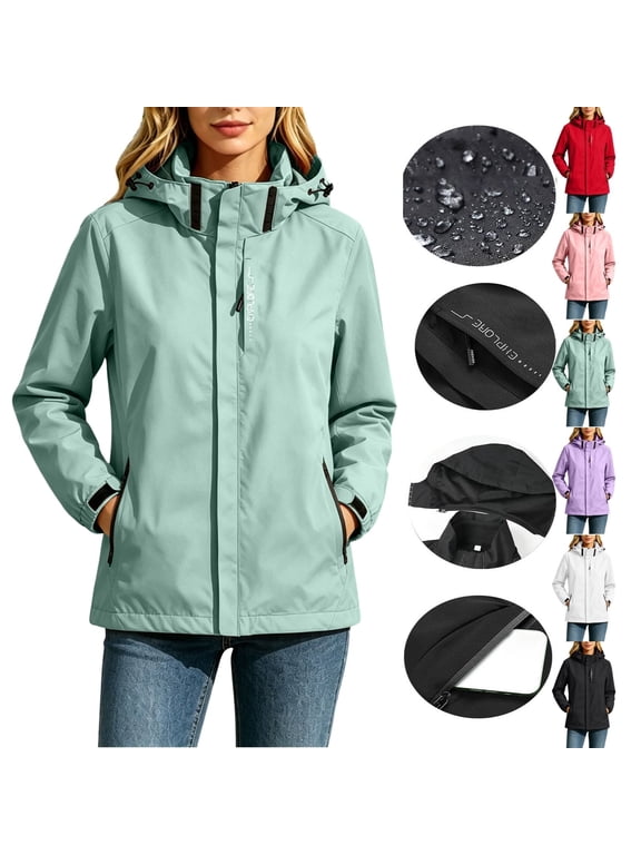 Fengactive Womens Waterproof Windbreaker Jacket Hooded Outdoor Coat Detachable Hood Lightweight Rain Shell