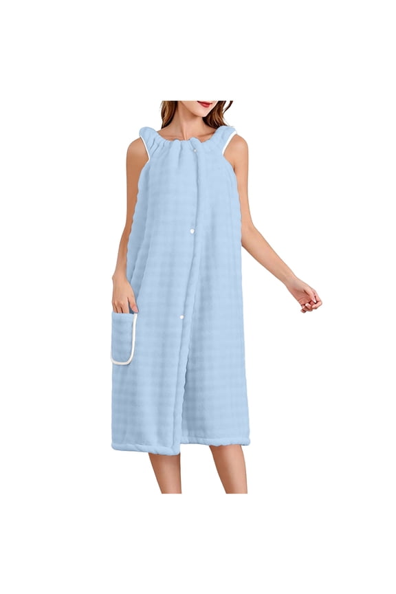 Womens Wearable Bath Wrap Sleeveless Snap Button Front Absorbent Terry Robe with Pocket