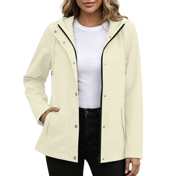 QINGFSAP Womens Weatherproof Hooded Jacket Snap Button and Zipper Closure Water Repellent Windbreaker Coat Outdoor Casual