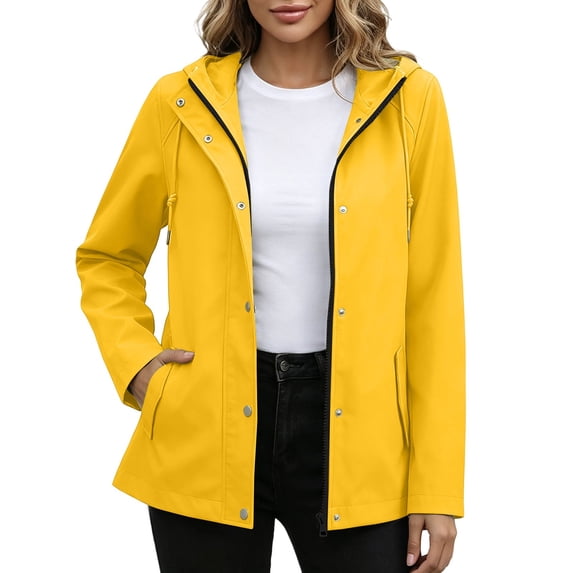 QINGFSAP Womens Weatherproof Hooded Jacket Snap Button and Zipper Closure Water Repellent Windbreaker Coat Outdoor Casual