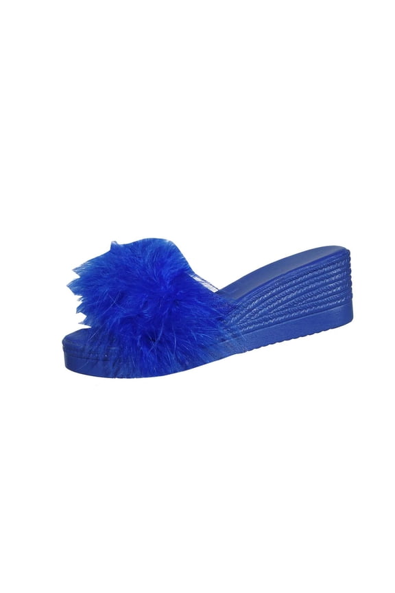 Womens Wedge Open Toe Slippers Textured Pom Pom Upper Braided Side Platform Casual Summer Slides