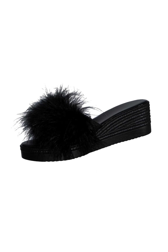 Womens Wedge Open Toe Slippers Textured Pom Pom Upper Braided Side Platform Casual Summer Slides