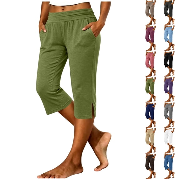 Fengactive Womens Wide Fold Over Elastic Waist Knit Capri Pants Solid Loose Split Hem Casual Cropped Trousers With Side Pockets