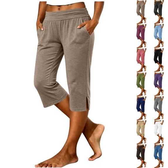 Fengactive Womens Wide Fold Over Elastic Waist Knit Capri Pants Solid Loose Split Hem Casual Cropped Trousers With Side Pockets