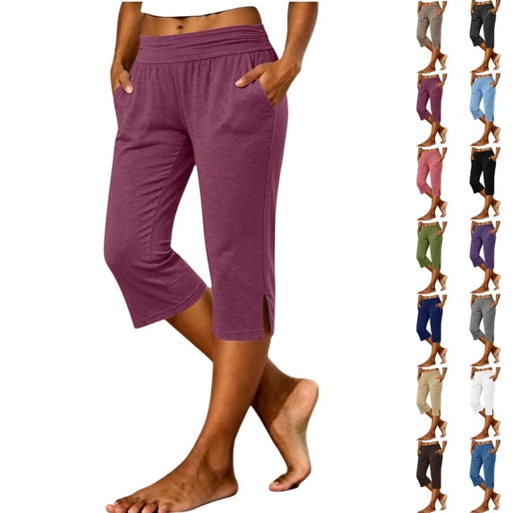 Fengactive Womens Wide Fold Over Elastic Waist Knit Capri Pants Solid Loose Split Hem Casual Cropped Trousers With Side Pockets