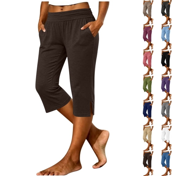Fengactive Womens Wide Fold Over Elastic Waist Knit Capri Pants Solid Loose Split Hem Casual Cropped Trousers With Side Pockets