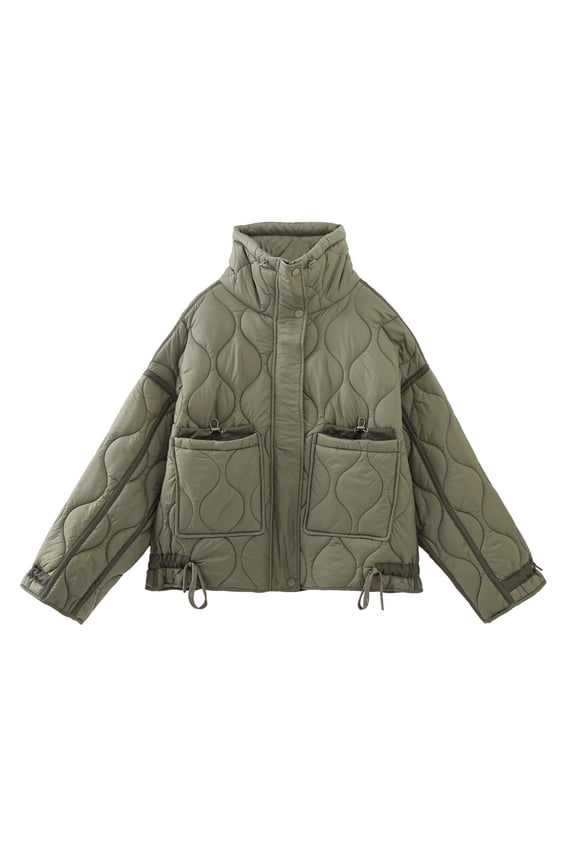 Womens Winter Quilted Coat No Hood Ribbed Padded Jacket Warm Jackets with Pockets