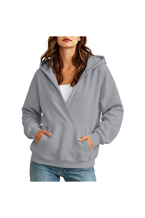 Womens Wrap Front Hoodie Kangaroo Pocket Long Sleeve Drop Shoulder Casual Pullover