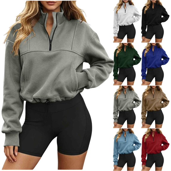 Fengactive Womens Zip Up Hoodie Long Sleeve Stand Collar with Pockets Loose Fit Casual Sweatshirt