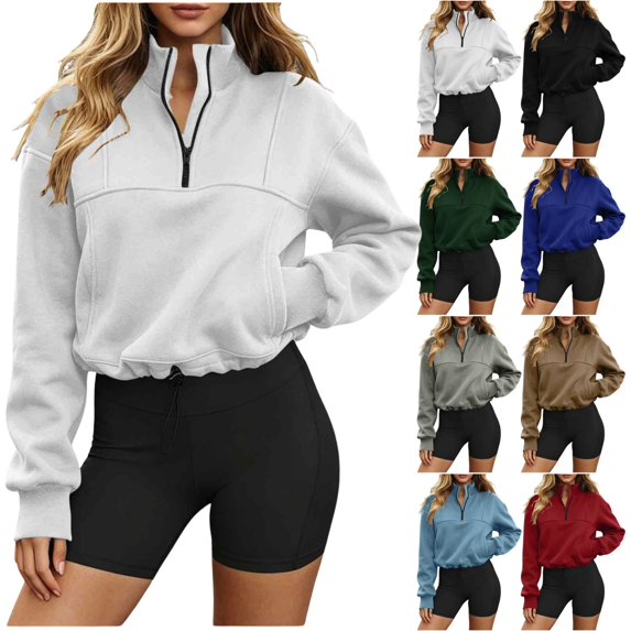 Fengactive Womens Zip Up Hoodie Long Sleeve Stand Collar with Pockets Loose Fit Casual Sweatshirt