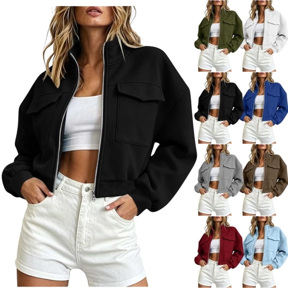 Fengactive Womens Zip Up Hoodie Short Cropped Long Sleeve with Pockets Casual Fall Winter Jacket