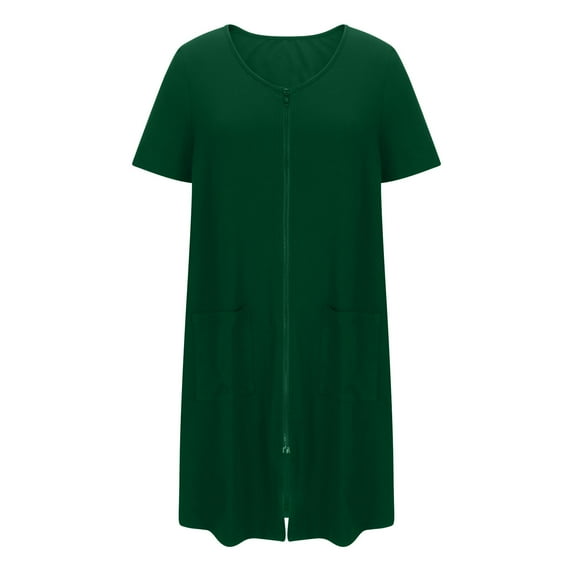 Fengactive Womens Zipper Front House Dress Short Sleeves Zip Up Bathrobes Lightweight Knee Length Short Loungewear