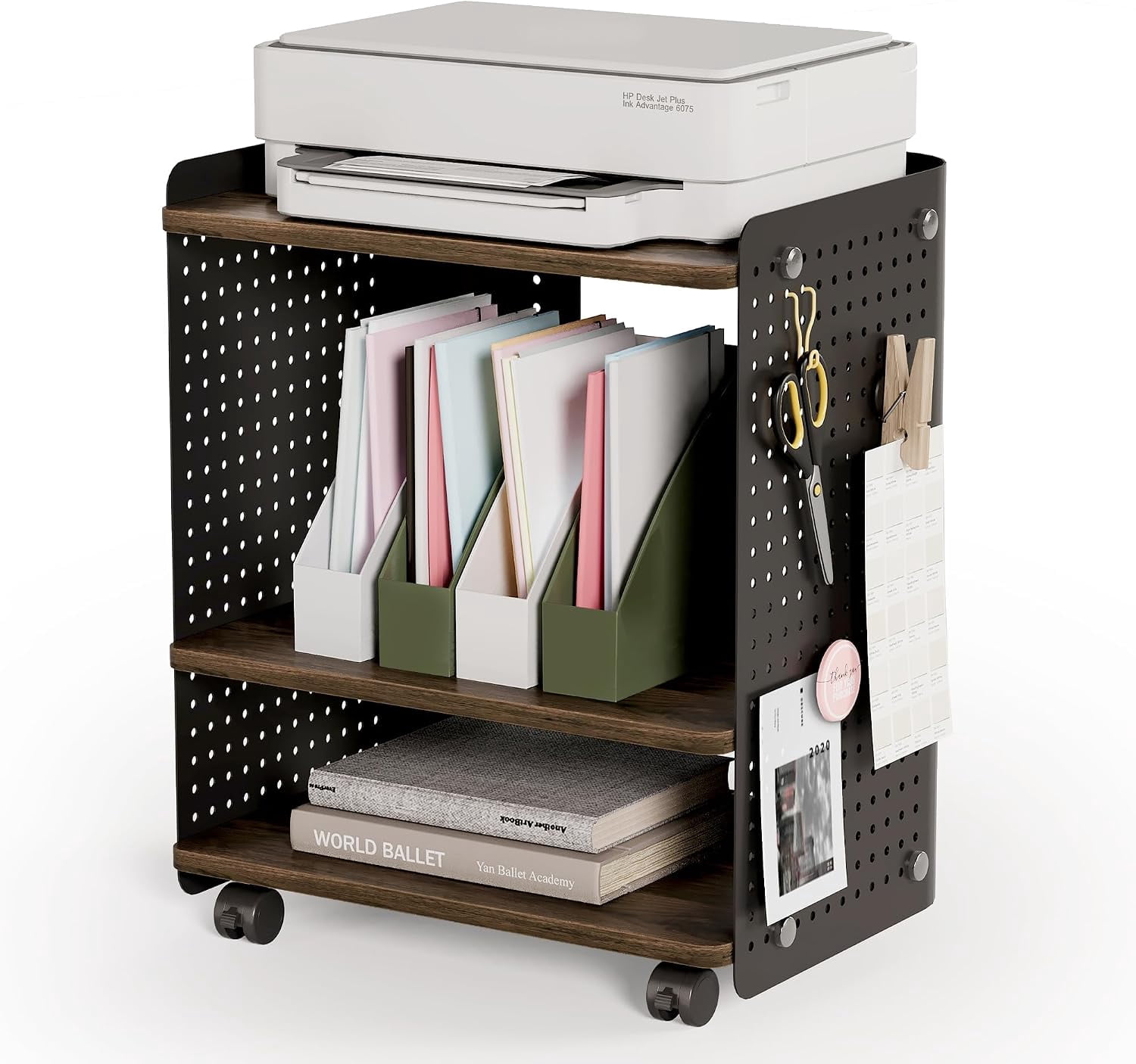 Fenge 3-Tier Rolling Printer Stand with Pegboard Storage, Brown, 17.8 x 13.2 x 21.8 in