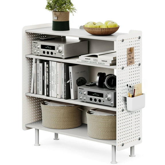 Fenge 4 Tier Bookshelf, Modern Open Bookcase with Pegboard, 33.6 Inches Small Book Shelf Storage Organizer