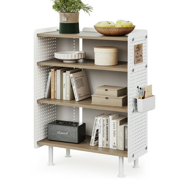 Fenge 4 Tier Bookshelf, Modern Open Bookcase with Pegboard, 33.6 Inches Small Book Shelf Storage Organizer