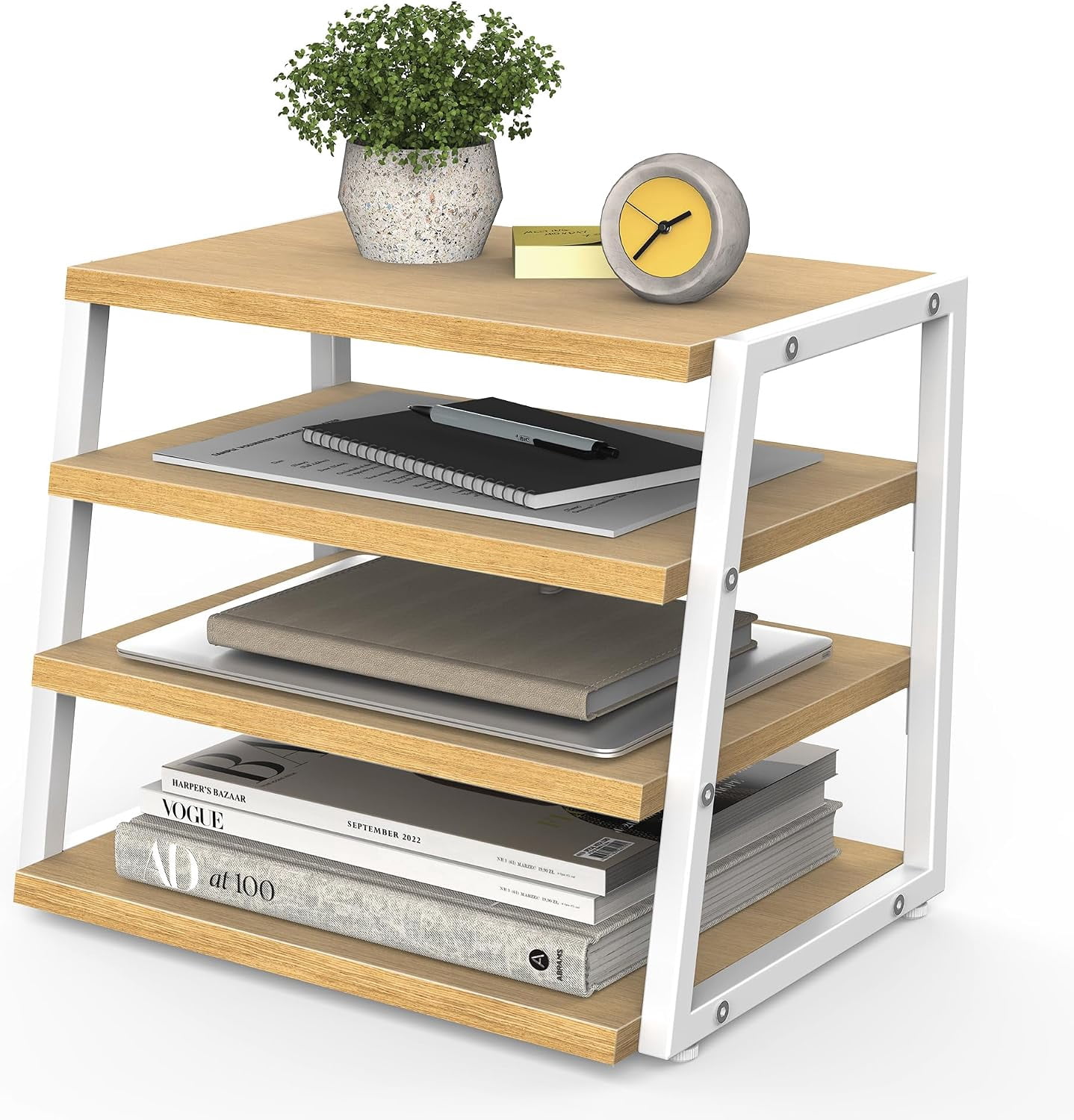 Fenge 4-Tier Desktop Shelf Organizer with Wood and Metal Storage, Brown