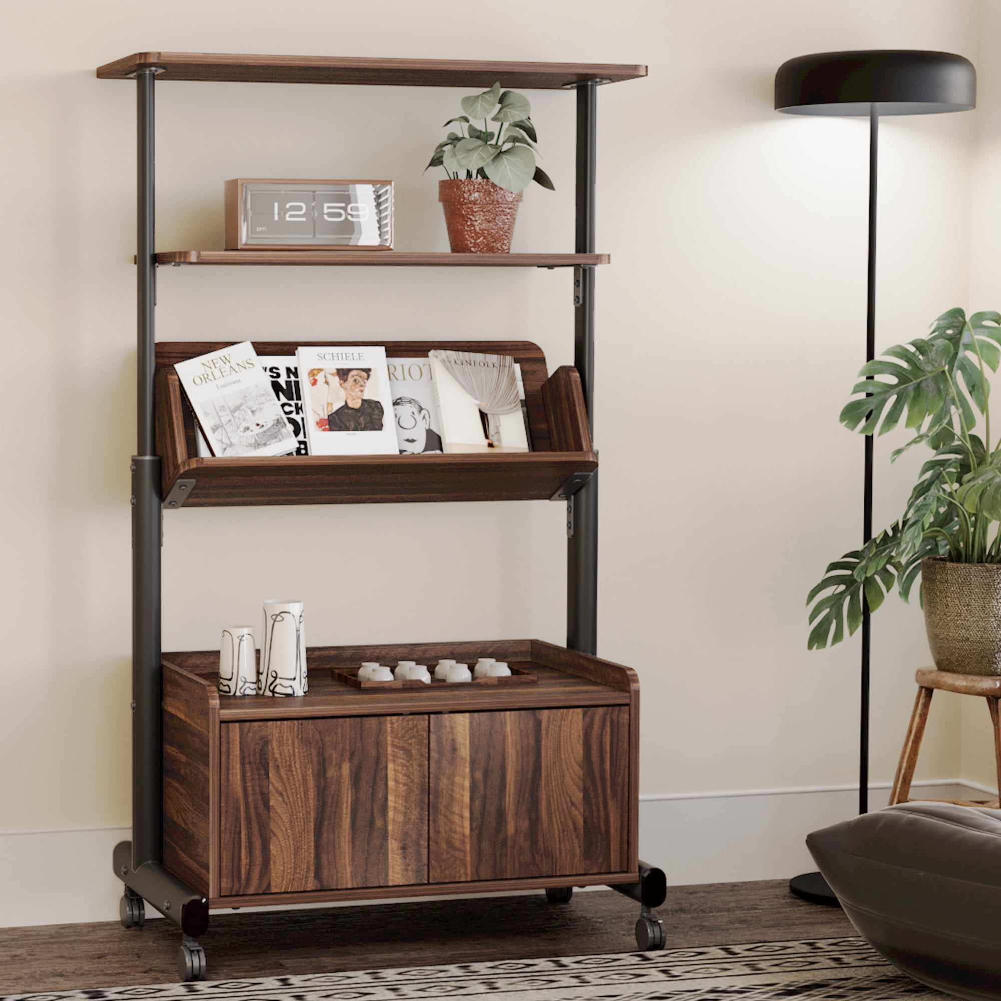 Brown Adjustable 4-Tier Bookshelf with Doors and Wheels