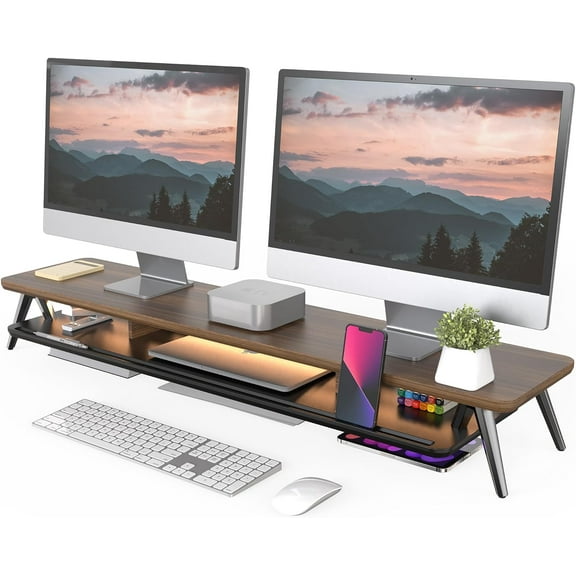 Fenge Dual Monitor Stand, Monitor Stands Riser for 2 Monitors, 42.5 Inch Monitor Stands Shelf with 12 Color LED Light for Office Desk