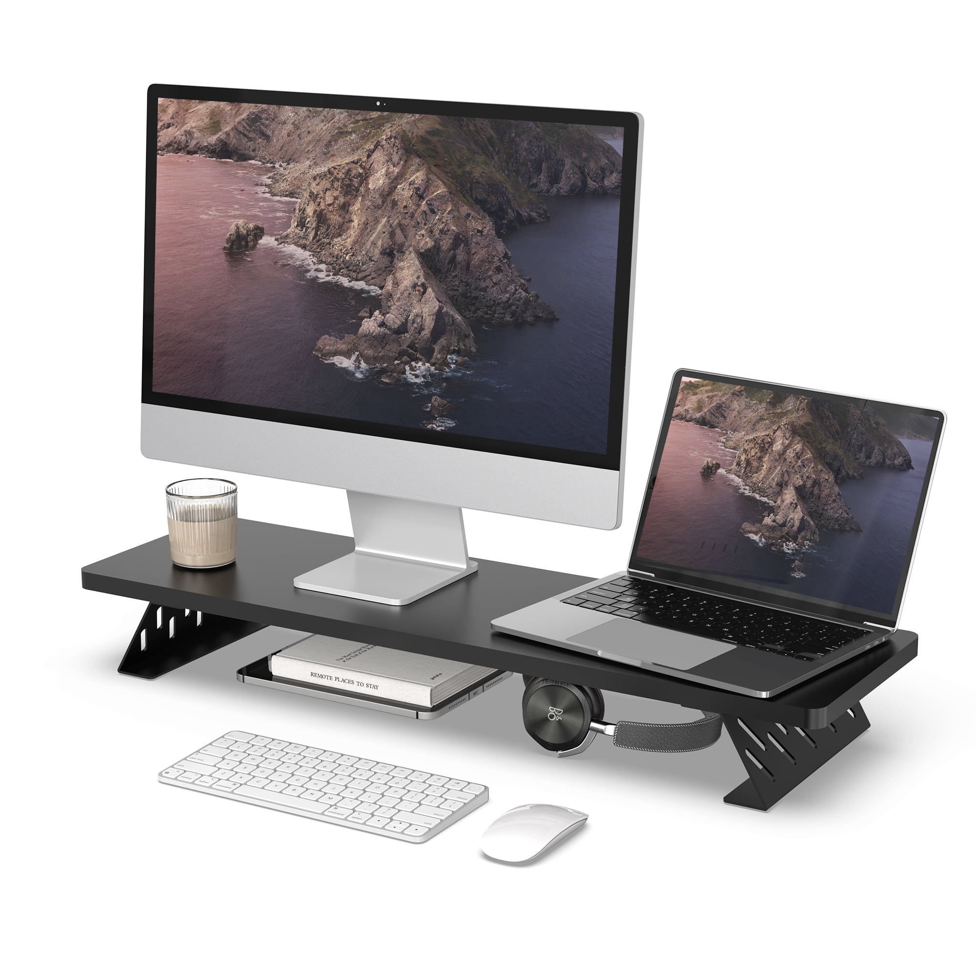 Black Dual Monitor Stand Riser with Metal Legs