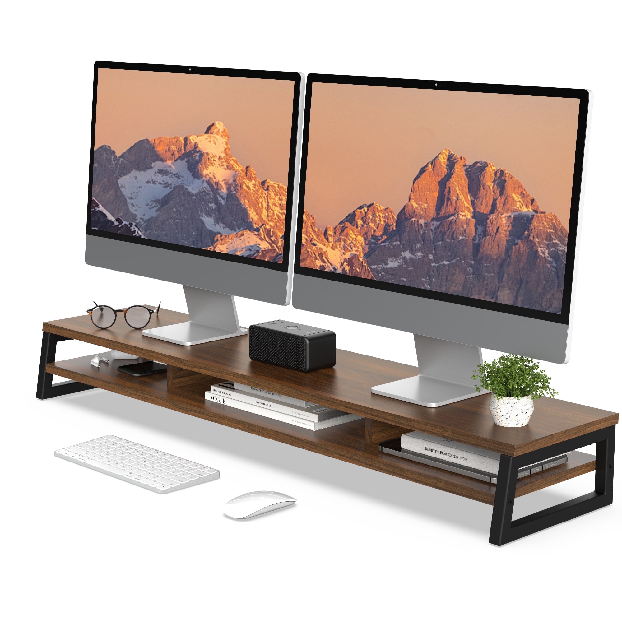 Fenge 42.5" Large Dual Monitor Stand, 2-Tier Desk Riser with Storage for Computers and Printers