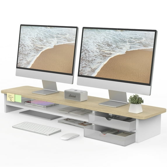 Fenge Monitor Stand, Dual Monitor Riser, 42.5inch Large Desk Computer Monitor Stand Riser with Drawer