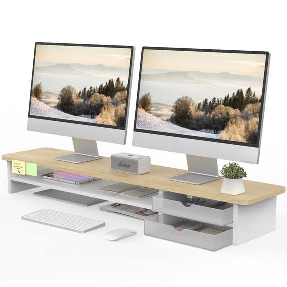 Fenge 42.5 in Dual Monitor Riser with Drawer, 2 Tier Wood and Acrylic Desk Organizer