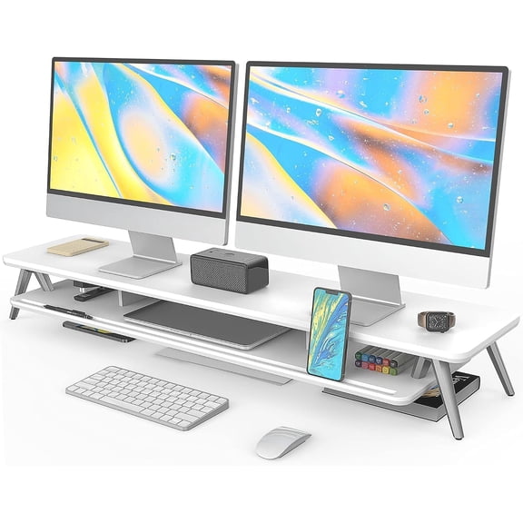 Fenge Dual Monitor Stand Riser, 42.5-inch Wood Desk Shelf with Crystal Brick Supports, LED Light and Storage Organizer