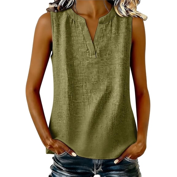 Fengghao Linen Tops for Women Dressy Tank Tops for Women Women's Linen Sleeveless V-Neck Henley Top Summer Solid Color Casual Lightweight Blouse For Beach Daily Wear Green S
