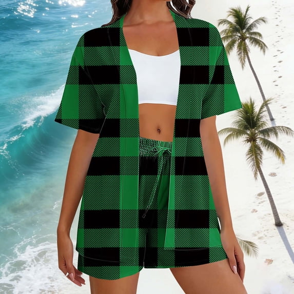 Fengqque 2 Piece Outfits for Women Tracksuit Short Sleeve Cardigan Tops and Wide Leg Drawstring Shorts Green L(L)