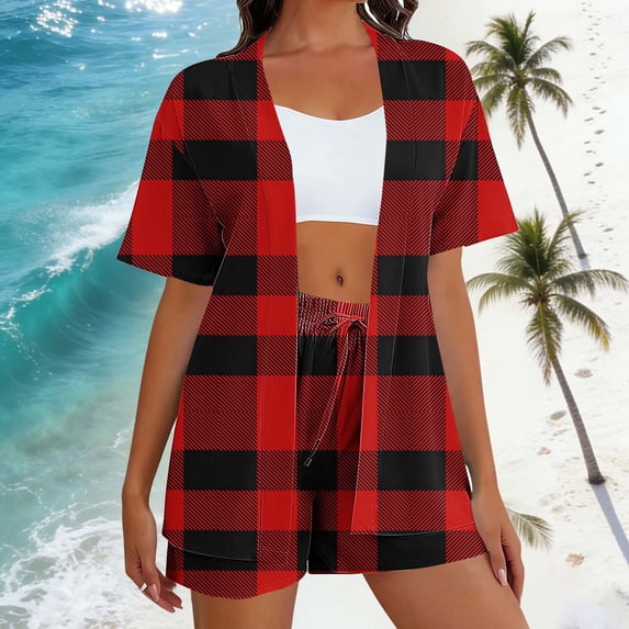 Fengqque 2 Piece Outfits for Women Tracksuit Short Sleeve Cardigan Tops and Wide Leg Drawstring Shorts Red L(L)