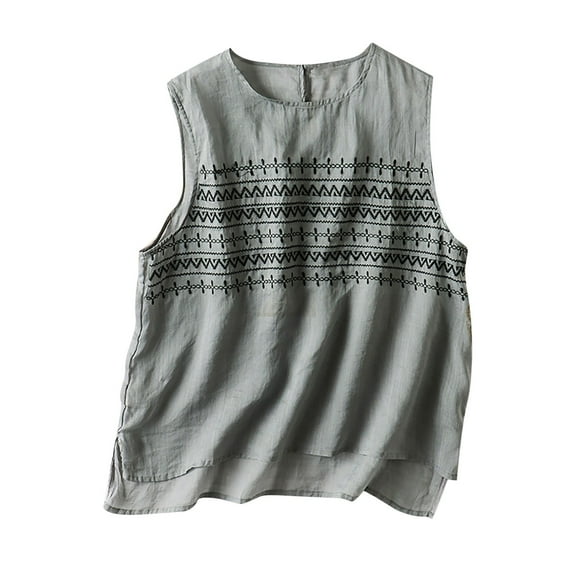 Fengqque 2024 Women's Spring/Summer Casual Fashion Loose Embroidered Ramie Sleeveless Top