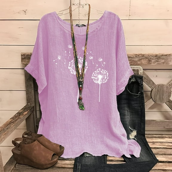 Fengqque 2025 Linen Blend Women's Fashion Print Raglan Sleeve Crew Neck Blouse