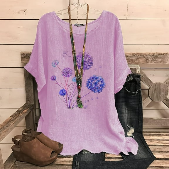 Fengqque 2025 Linen Blend Women's Fashion Print Raglan Sleeve Crew Neck Loose T-Shirt