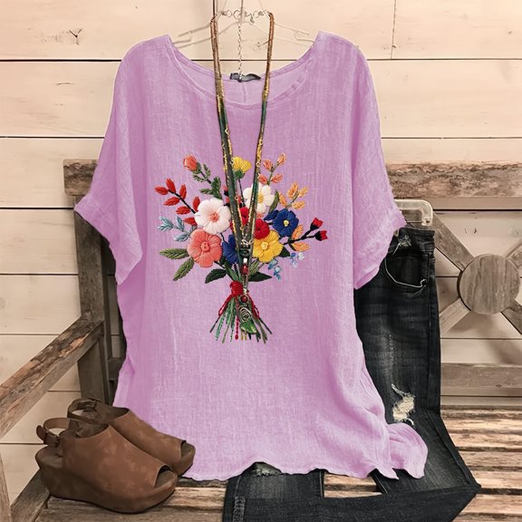 Fengqque 2025 Linen Blend Women's Fashion Print Raglan Sleeve Crew Neck Loose T-Shirt