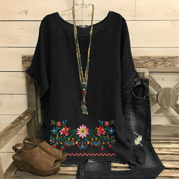 Fengqque 2025 Linen Blend Women's Fashion Print Raglan Sleeve Crew Neck Loose T-Shirt