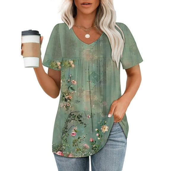 Fengqque 2025 Stylish Women's Printed V-Neck Loose Fit Short Sleeve T-Shirt