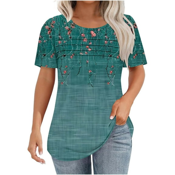 Fengqque 2025 Trendy Women's Round Neck Pleated Chest Short Sleeve Printed Pullover