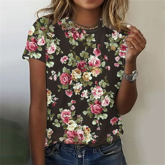 Fengqque 2025 Trendy Women's Round Neck Short Sleeve Printed Pullover Casual Blouse