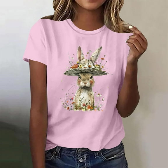 Fengqque 2025 Trendy Women's Short Sleeve Tops Soft Pastel & Athleisure Easter Design for Yoga Travel Outfits