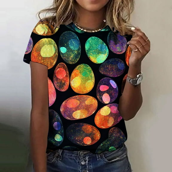 Fengqque 2025 Trendy Women's Short Sleeve Tops Soft Pastel & Athleisure Easter Design for Yoga Travel Outfits