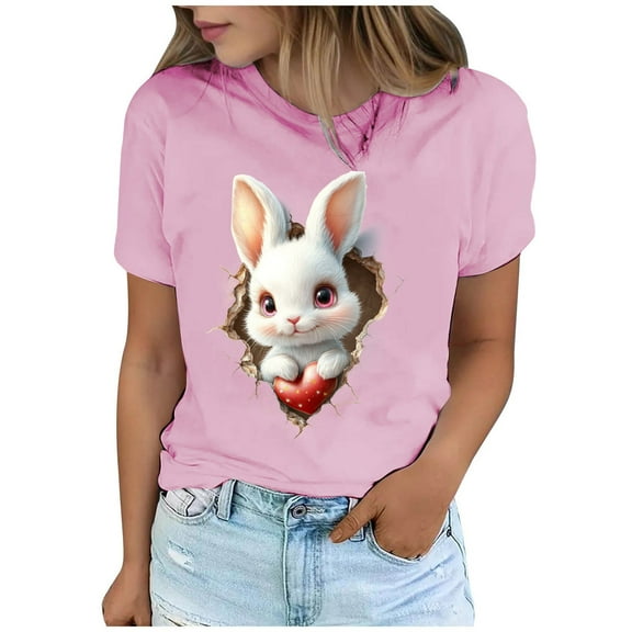 Fengqque 2025 Trendy Women's Short Sleeve Tops Soft Pastel & Athleisure Easter Design for Yoga Travel Outfits