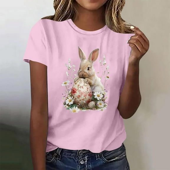 Fengqque 2025 Trendy Women's Short Sleeve Tops Soft Pastel & Athleisure Easter Design for Yoga Travel Outfits