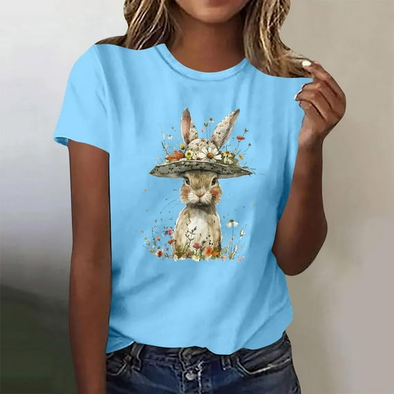 Fengqque 2025 Trendy Women's Short Sleeve Tops Soft Pastel & Athleisure Easter Design for Yoga Travel Outfits