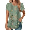 thumbnail image 1 of Fengqque 2025 Women's New Round Neck Pleated Tunic Top Curved Hem Printed Blouse, 1 of 5