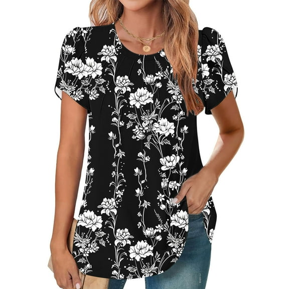 Fengqque 2025 Women's New Round Neck Pleated Tunic Top Curved Hem Printed Blouse