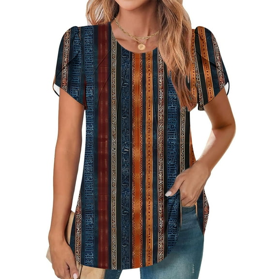 Fengqque 2025 Women's New Round Neck Pleated Tunic Top Curved Hem Printed Blouse