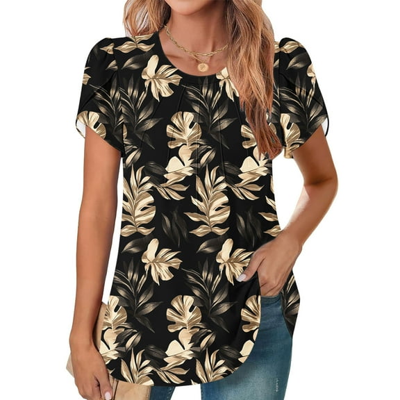 Fengqque 2025 Women's New Round Neck Pleated Tunic Top Curved Hem Printed Blouse