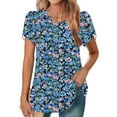 thumbnail image 1 of Fengqque 2025 Women's New Round Neck Pleated Tunic Top Curved Hem Printed Blouse, 1 of 5