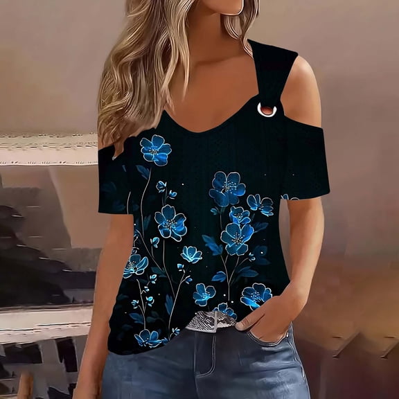 Fengqque 2025 Women's Off-Shoulder Cutout Short Sleeve Printed Casual Top